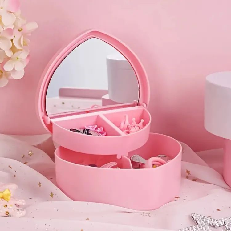 Heart-Shaped Princess Jewelry Box for Girls – Cute Makeup Storage with Mirror